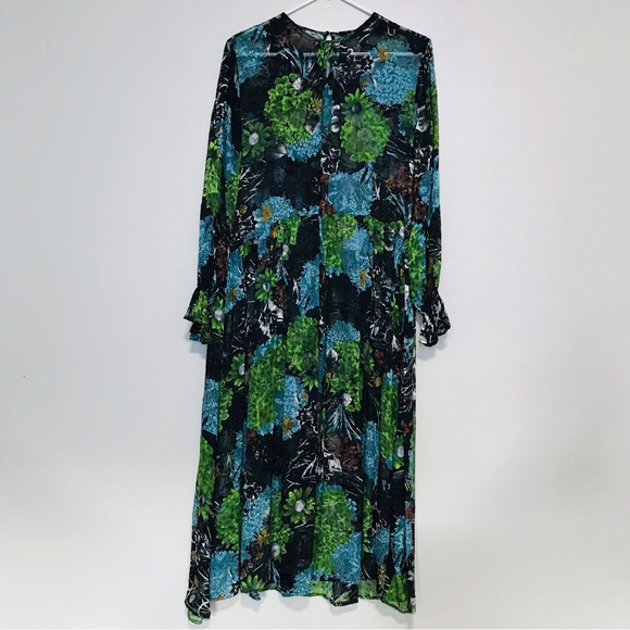 Zara Dresses Zara Blue Green Floral Print Sheer Long Sleeve Dress